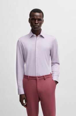 Camisa slim fit en punto t&eacute;cnico el&aacute;stico con microestructura, Rosa oscuro