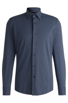 Camisa slim fit en material t&eacute;cnico el&aacute;stico estampado, Azul oscuro