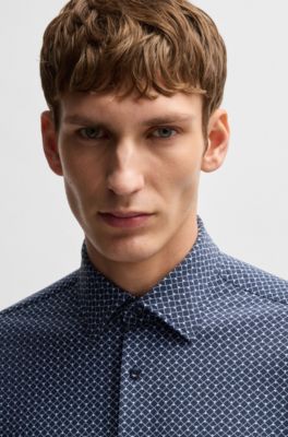Camisa slim fit en material t&eacute;cnico el&aacute;stico estampado, Azul oscuro