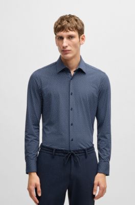 Camisa slim fit en material t&eacute;cnico el&aacute;stico estampado, Azul oscuro