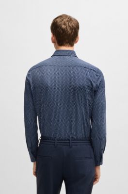 Camisa slim fit en material t&eacute;cnico el&aacute;stico estampado, Azul oscuro
