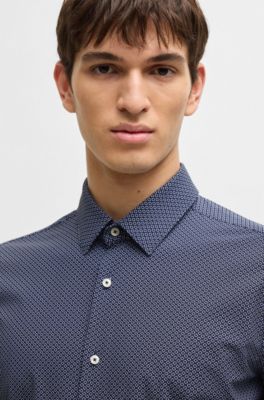 Camisa slim fit de punto el&aacute;stico t&eacute;cnico con estampado geom&eacute;trico, Azul oscuro