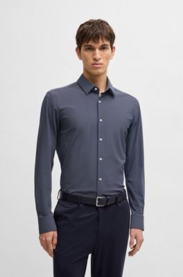 Camisa slim fit de punto el&aacute;stico t&eacute;cnico con estampado geom&eacute;trico, Azul oscuro