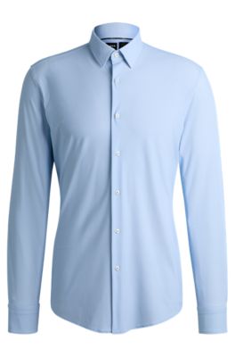 Camisa slim fit de punto el&aacute;stico t&eacute;cnico con estampado geom&eacute;trico, Celeste