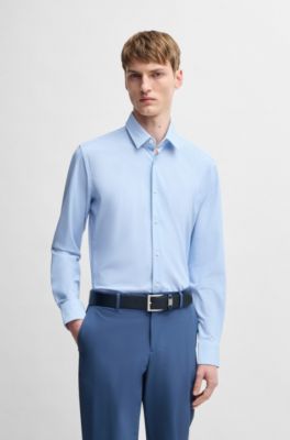 Slim-fit shirt in geometric-print performance-stretch jersey, Light Blue