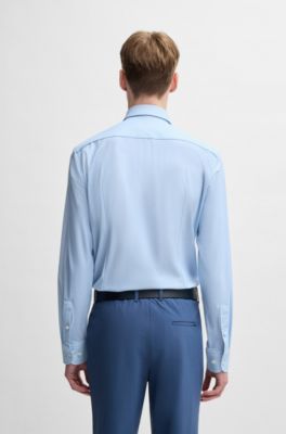 Camisa slim fit de punto el&aacute;stico t&eacute;cnico con estampado geom&eacute;trico, Celeste