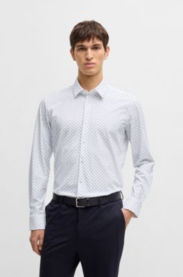 Camisa slim fit de punto el&aacute;stico t&eacute;cnico con estampado geom&eacute;trico, Celeste
