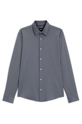 Camisa slim fit en tejido el&aacute;stico t&eacute;cnico con estructura, Gris
