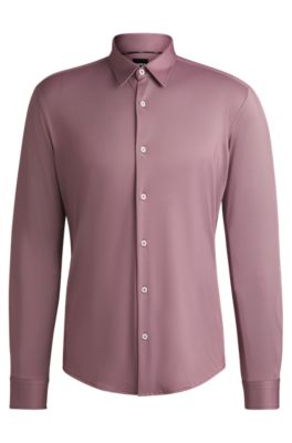 Camisa slim fit en tejido el&aacute;stico t&eacute;cnico con estructura, Rosa oscuro