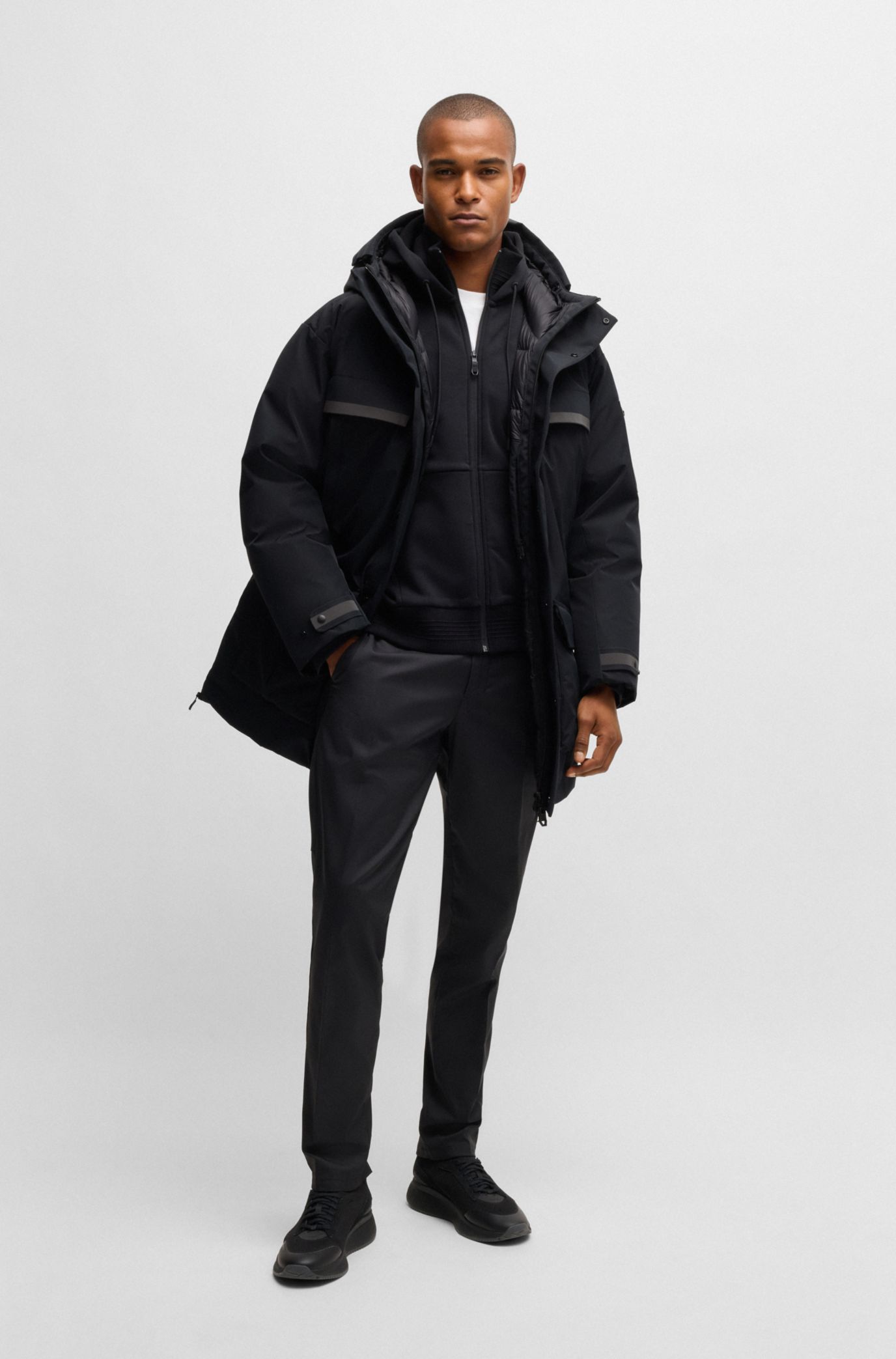 HUGO BOSS ジャケット　秋・冬用 HUGO BOSS Orange Men Zip Black Nylon Hooded Parka Size 52 / XL