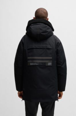 Water-repellent parka jacket with detachable fleece trim, Black