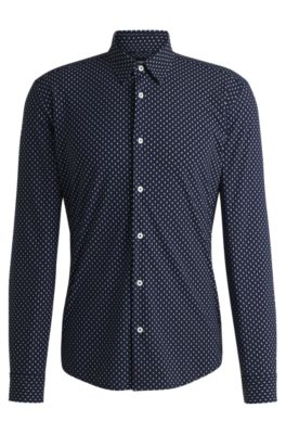 Slim-fit shirt in geometric-print performance-stretch fabric, Dark Blue