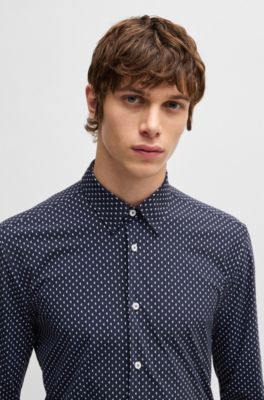 Slim-fit shirt in geometric-print performance-stretch fabric, Dark Blue
