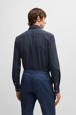 Slim-fit shirt in geometric-print performance-stretch fabric, Dark Blue
