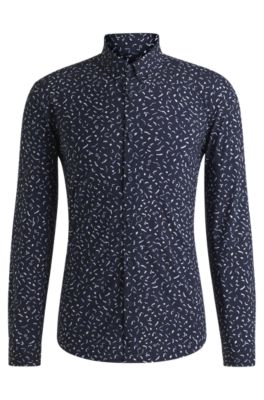 Slim-fit shirt in printed performance-stretch fabric, Dark Blue
