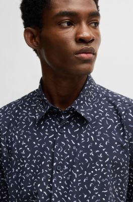 Slim-fit shirt in printed performance-stretch fabric, Dark Blue