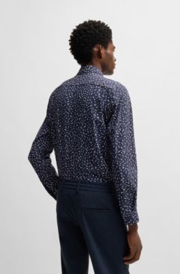 Slim-fit shirt in printed performance-stretch fabric, Dark Blue