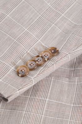 Slim-fit suit in checked wool, silk and linen, Light Beige
