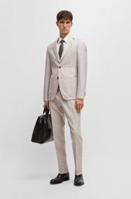 Slim-fit suit in checked wool, silk and linen, Light Beige