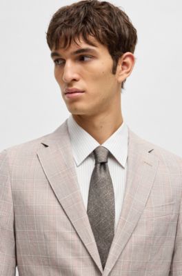 Slim-fit suit in checked wool, silk and linen, Light Beige