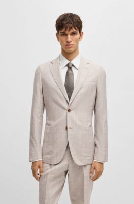 Slim-fit suit in checked wool, silk and linen, Light Beige