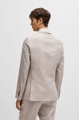 Slim-fit suit in checked wool, silk and linen, Light Beige