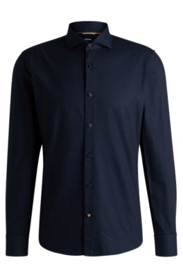 Casual-fit shirt in patterned structured cotton, Dark Blue