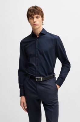 Casual-fit shirt in patterned structured cotton, Dark Blue