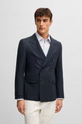 Slim-fit blazer in micro-patterned wool, Dark Blue