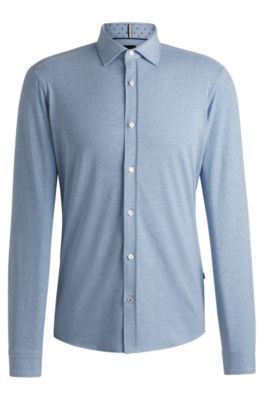 Slim-fit shirt in stretch-cotton jersey, Light Blue
