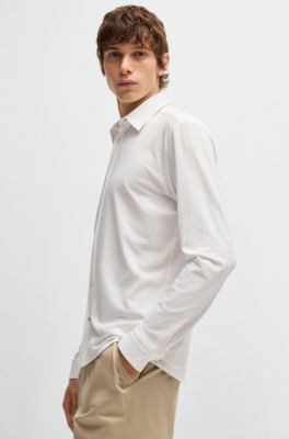 Camisa slim fit de punto de algod&oacute;n el&aacute;stico con estampado, Blanco