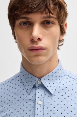 Camisa slim fit de punto de algod&oacute;n el&aacute;stico con estampado, Celeste