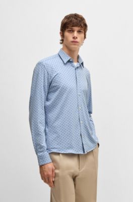 Slim-fit shirt in printed stretch-cotton jersey, Light Blue