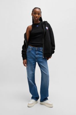 Sudadera de felpa de algod&oacute;n con capucha, cremallera e ilustraci&oacute;n de temporada, Negro