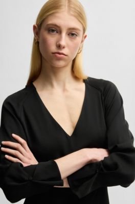 V-neck dress with button cuffs, Black