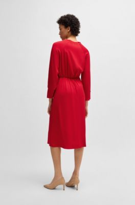 V-neck dress with button cuffs, Red