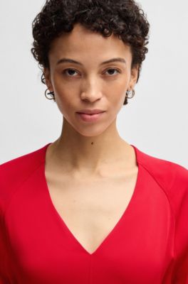 V-neck dress with button cuffs, Red