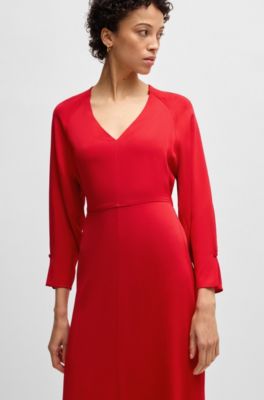 V-neck dress with button cuffs, Red