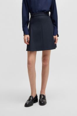 Pleat-front skirt with buttoned waist, Dark Blue