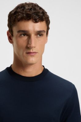 T-shirt en coton merceris&eacute; &agrave; micro motif, Bleu fonc&eacute;