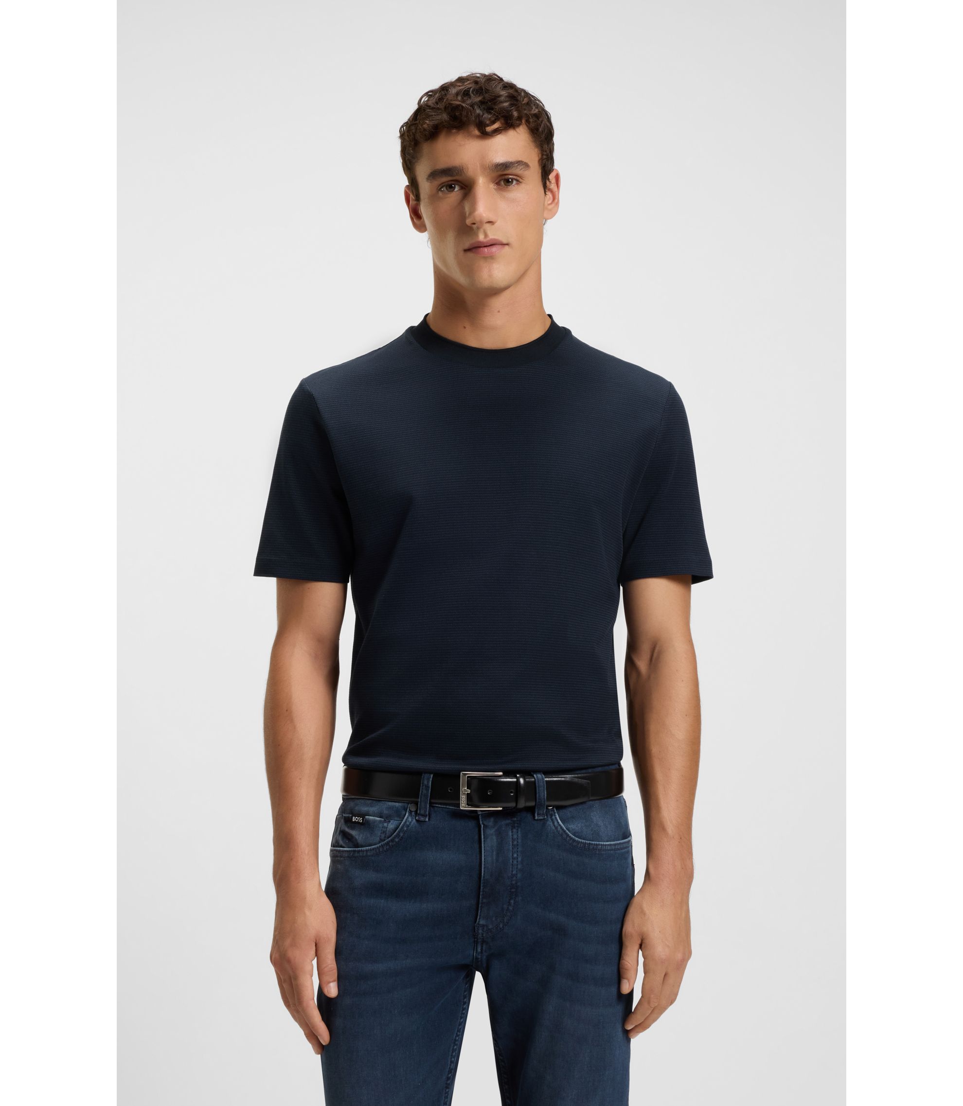 BOSS - Micro-pattern T-shirt in mercerised cotton - Dark Blue