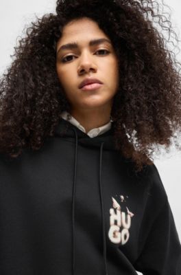 Relaxed-fit hoodie in French terry with seasonal artwork, Black