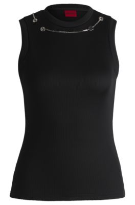 Slim-fit tank top with detachable logo chain, Black