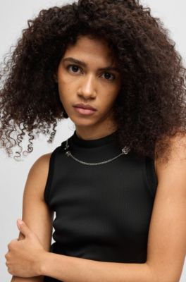 Slim-fit tank top with detachable logo chain, Black