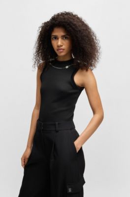 Slim-fit tank top with detachable logo chain, Black