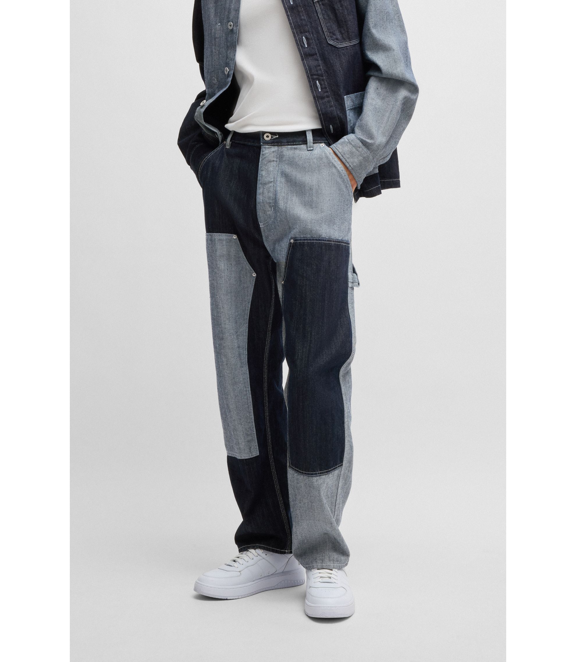 HUGO - Loose-fit jeans in mixed denims - Dark Blue