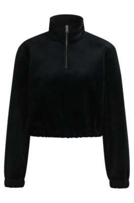 Sudadera relaxed fit con cremallera en el cuello en terciopelo el&aacute;stico, Negro