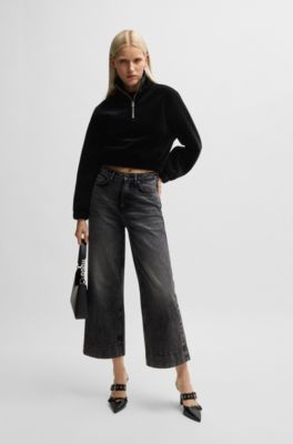 Sudadera relaxed fit con cremallera en el cuello en terciopelo el&aacute;stico, Negro