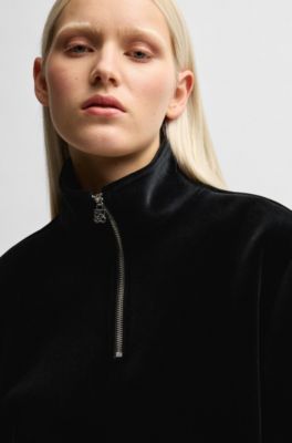 Sudadera relaxed fit con cremallera en el cuello en terciopelo el&aacute;stico, Negro