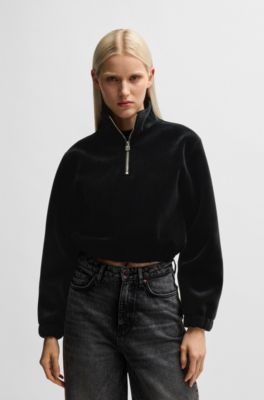Sudadera relaxed fit con cremallera en el cuello en terciopelo el&aacute;stico, Negro